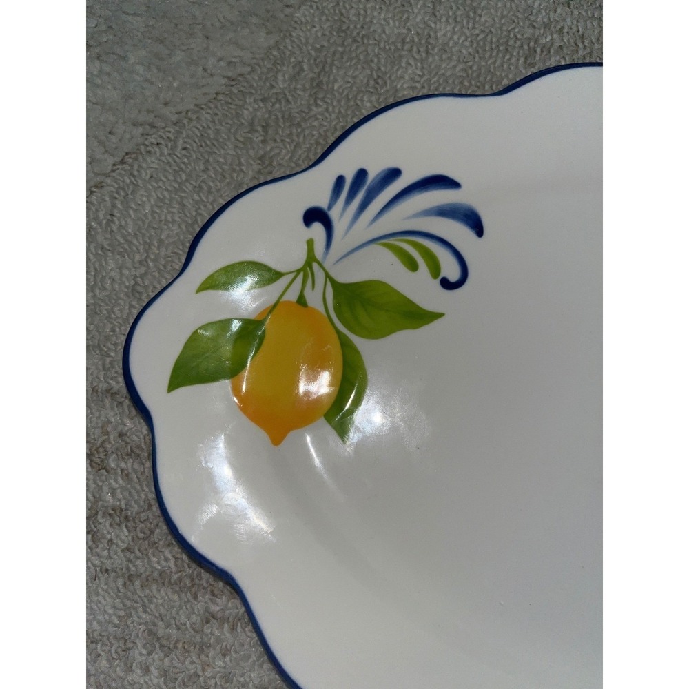 Muchoise Lemon Stoneware Serving Tray Scalloped Oval Platter Blue White Citrus - Picture 3 of 4